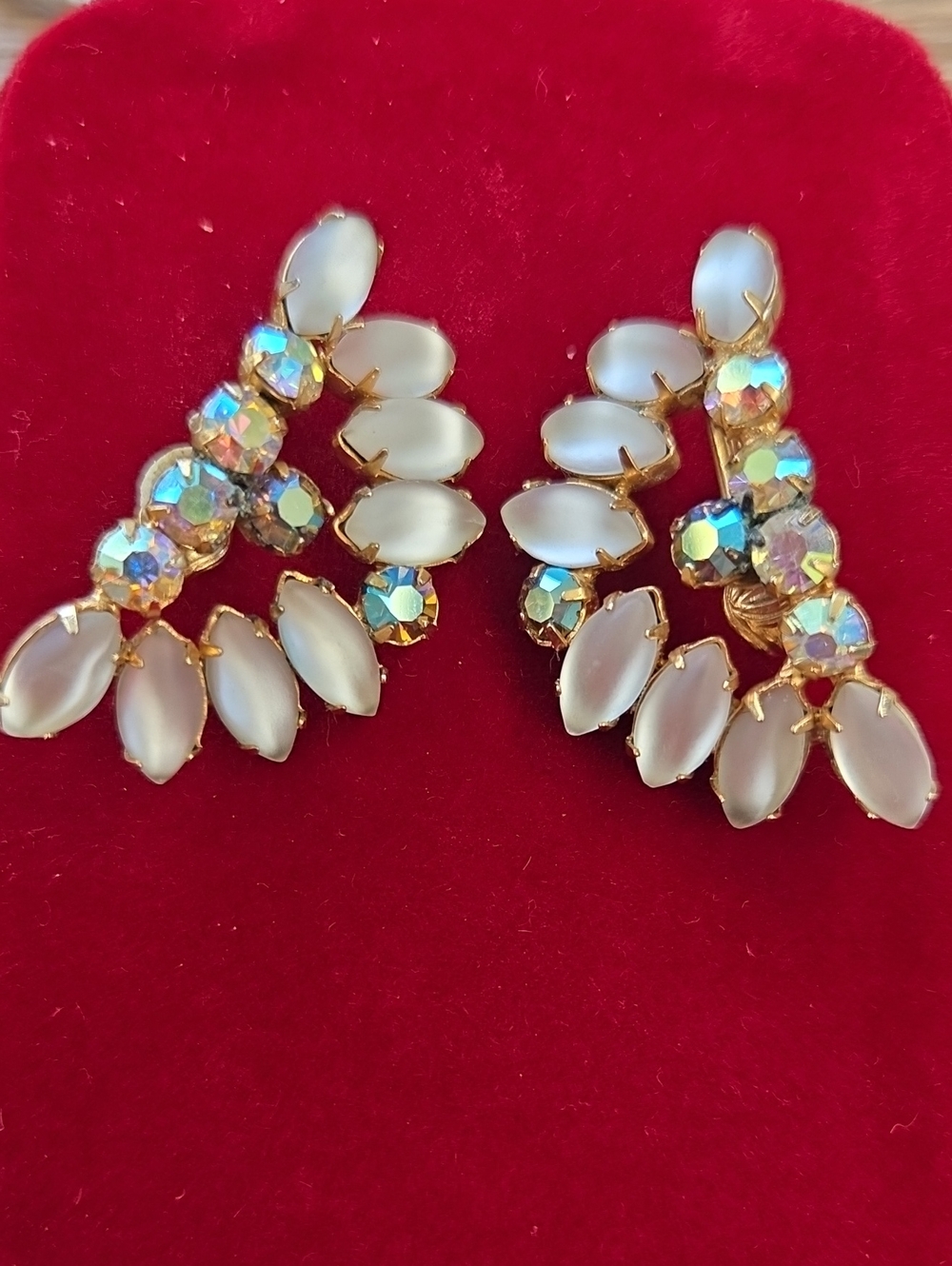 Gold-Tone White Satin Glass & Aurora Crystal Clip-On Earrings